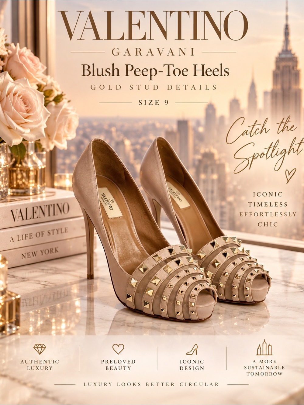 Valentino Blush Peep-Toe Heels with Gold Studs